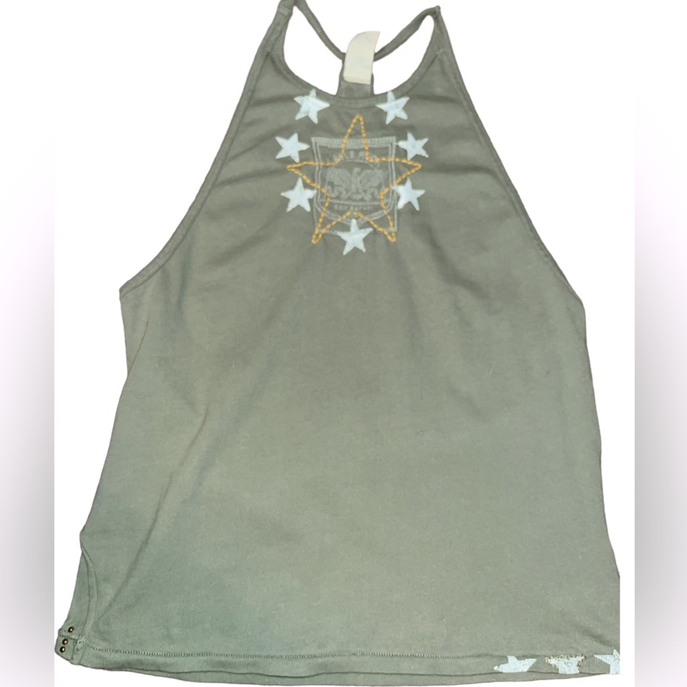 WE THE FREE army green razorback tank. White stars & a large gold open star.